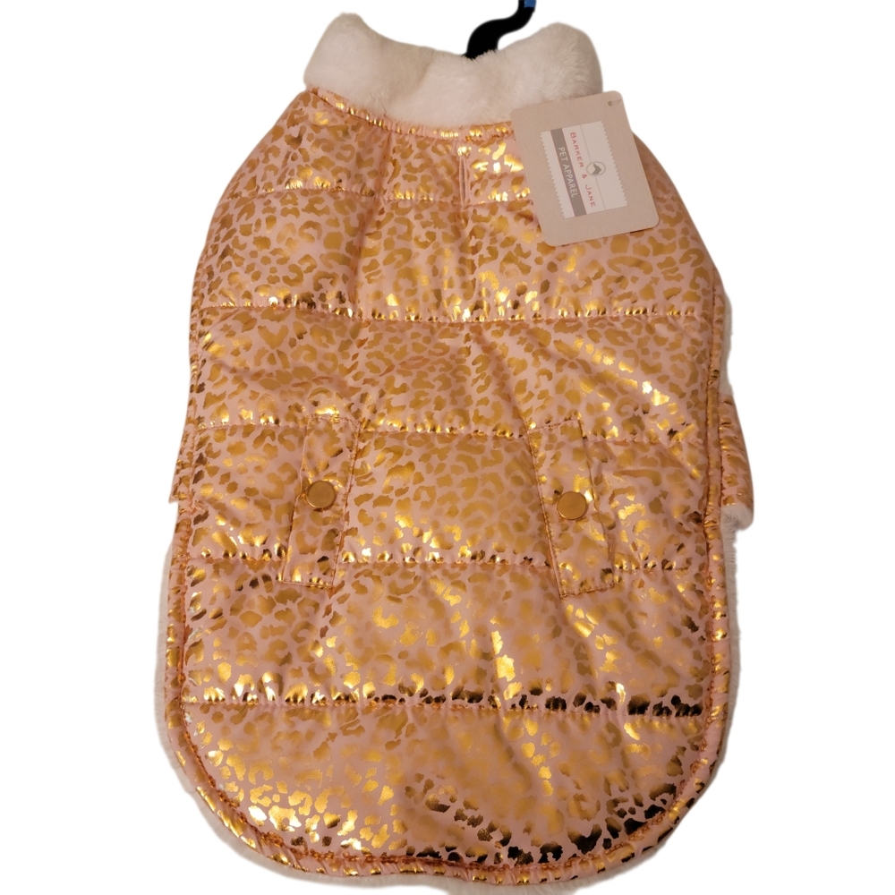 Gold Leopard Print Dog Jacket Faux Fur Size Medium, Adjustable